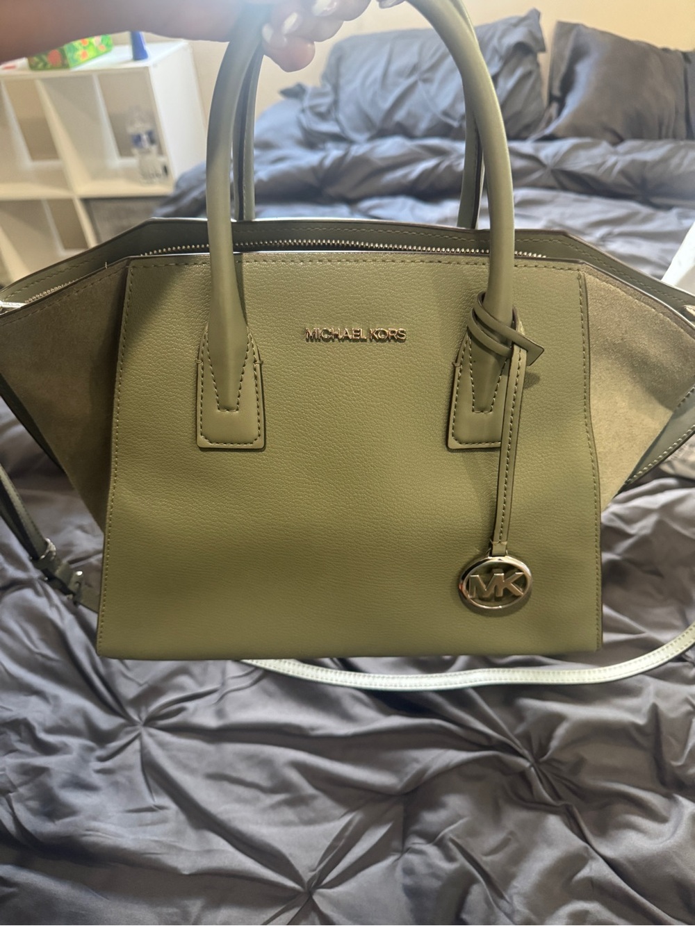 Michael Kors Olive Leather Satchel with Gold Logo Charm